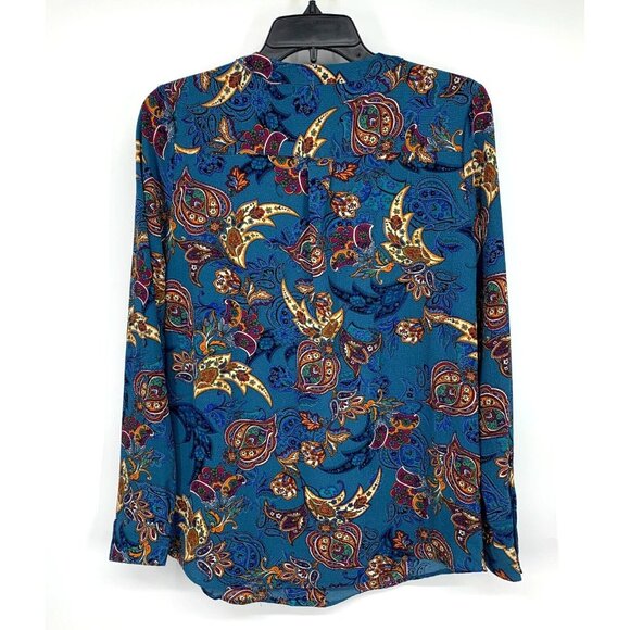 NY Collection Top Blue Floral Print Zip V Neck Roll Tab Sleeve - Picture 7 of 11